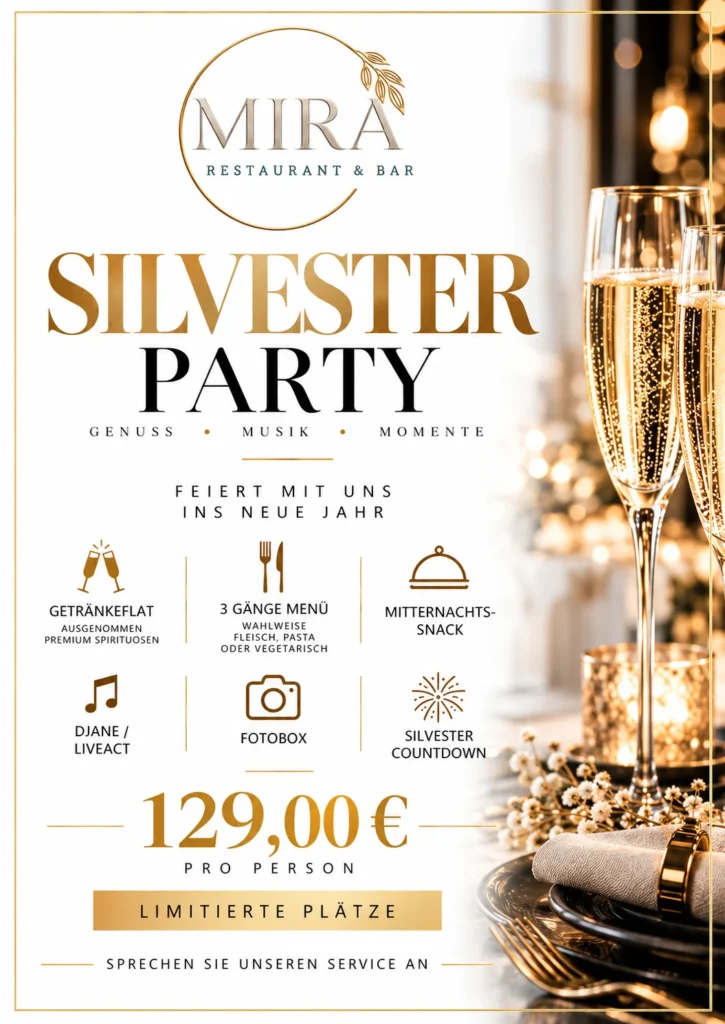 Plakat Silvesterparty 2026 im MIRA Restaurant & Bar Nordenham: Getränkeflat, 3-Gänge-Menü, Mitternachtssnack, DJane und Live-Act, Fotobox, Countdown – 129 € pro Person